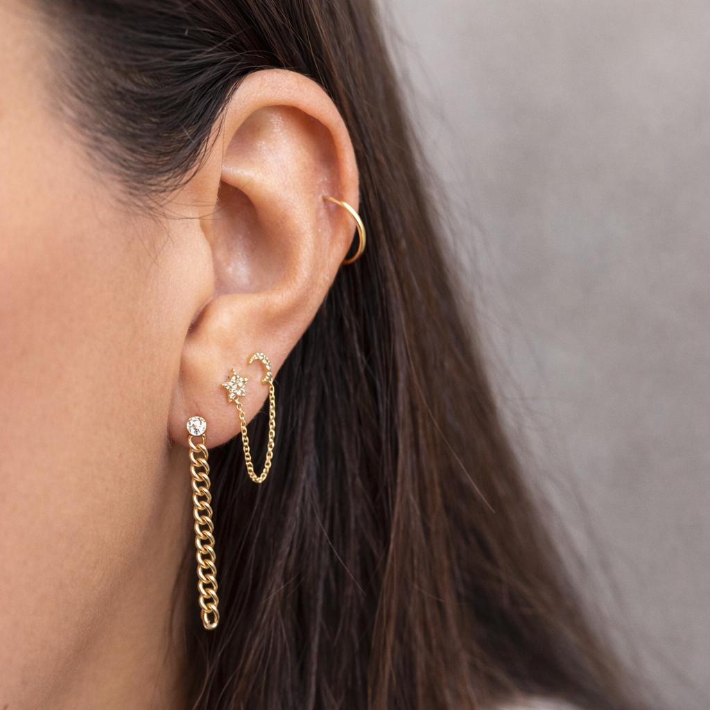 Aretes de Diamante con Cadena Cubana en Oro 14K