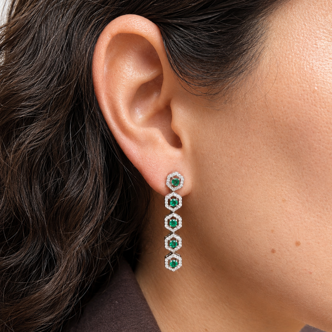 Aretes Hexagonales con Esmeraldas y Diamantes Oro 18K