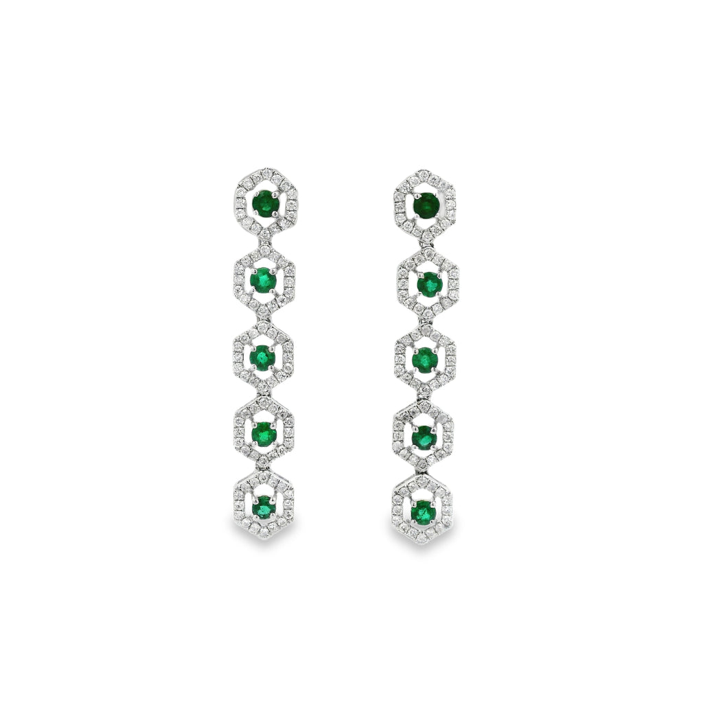 Aretes Hexagonales con Esmeraldas y Diamantes Oro 18K