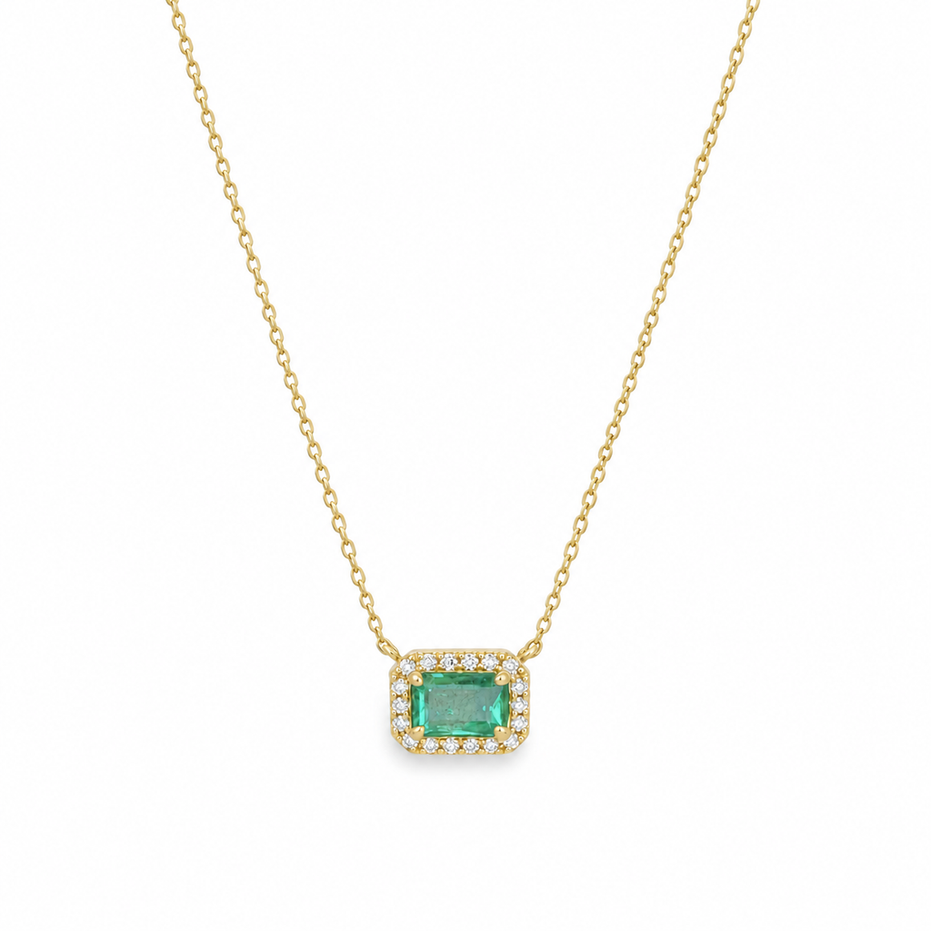 Collar Alya Esmeralda con Halo de Diamantes Oro 14k