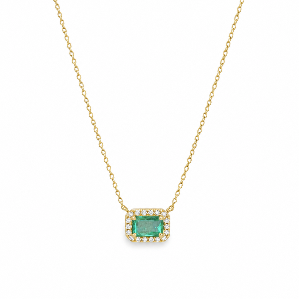 Collar Alya Esmeralda con Halo de Diamantes Oro 14k