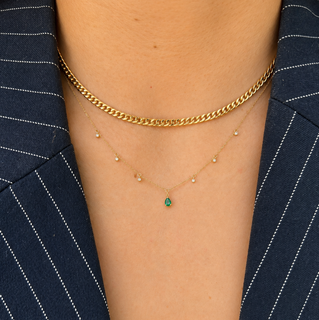 Collar de Esmeralda Gota con Diamantes Oro 14k