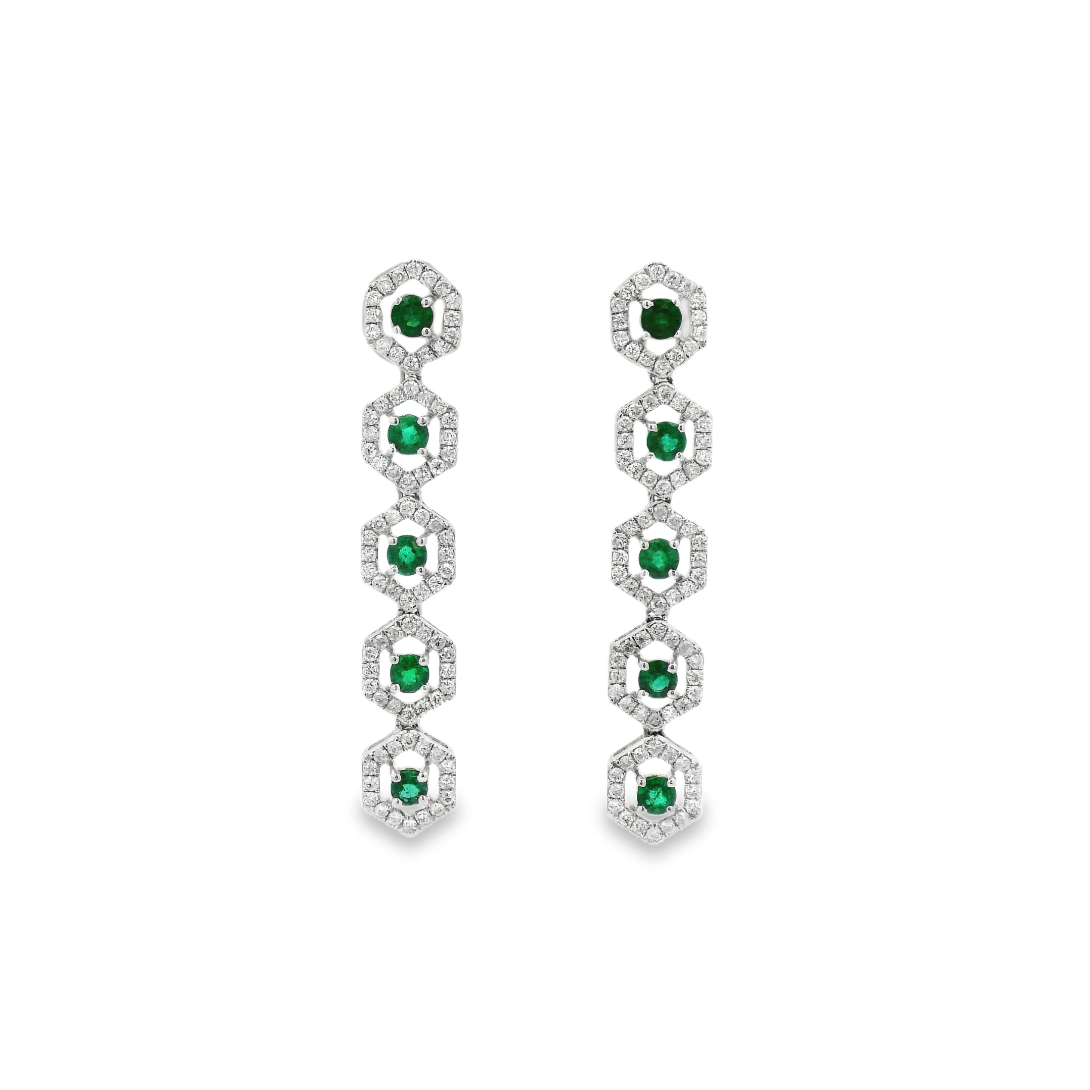 Aretes Hexagonales con Esmeraldas y Diamantes Oro 14K