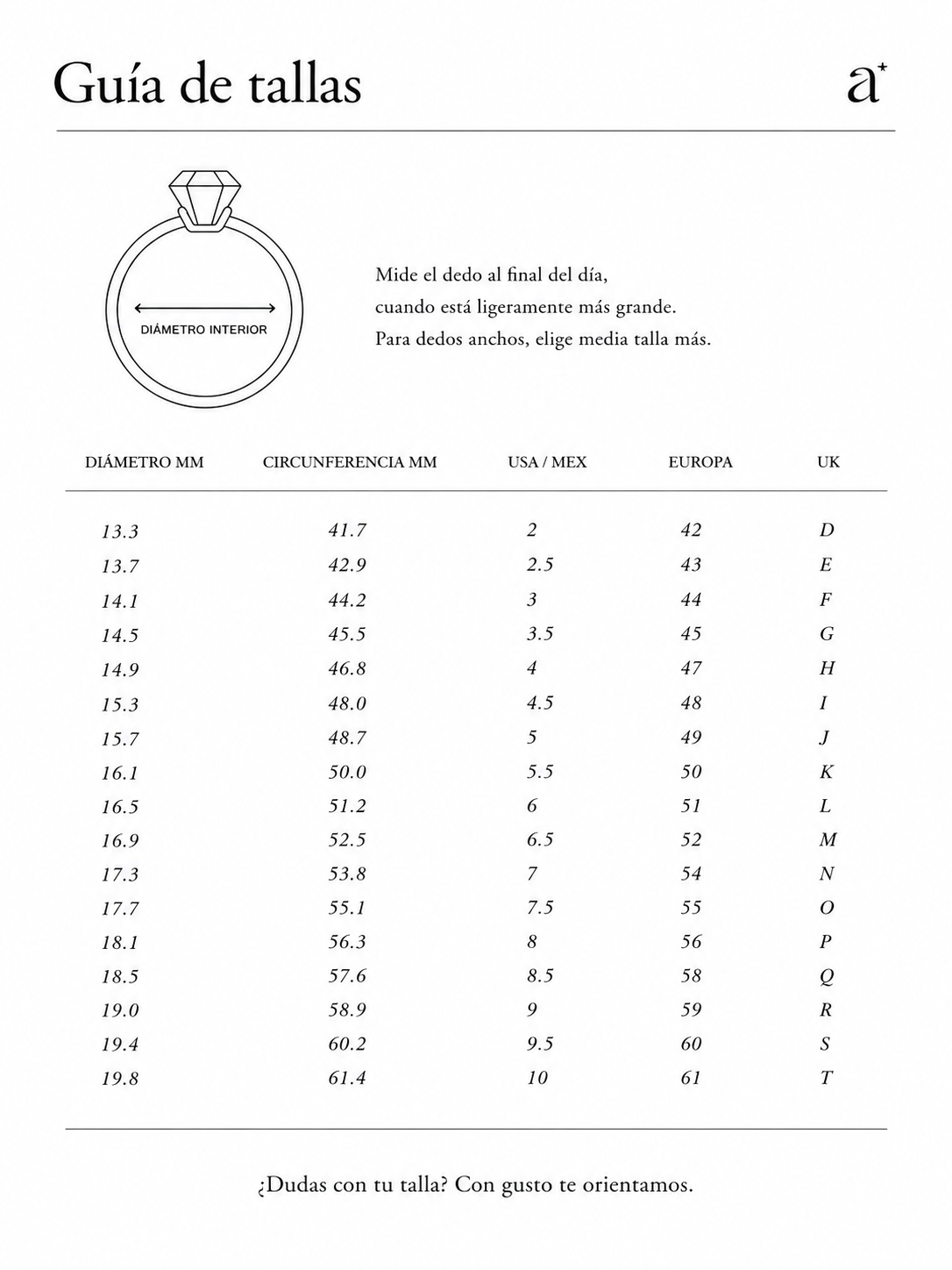 Tabla de tallas de anillos Asteri