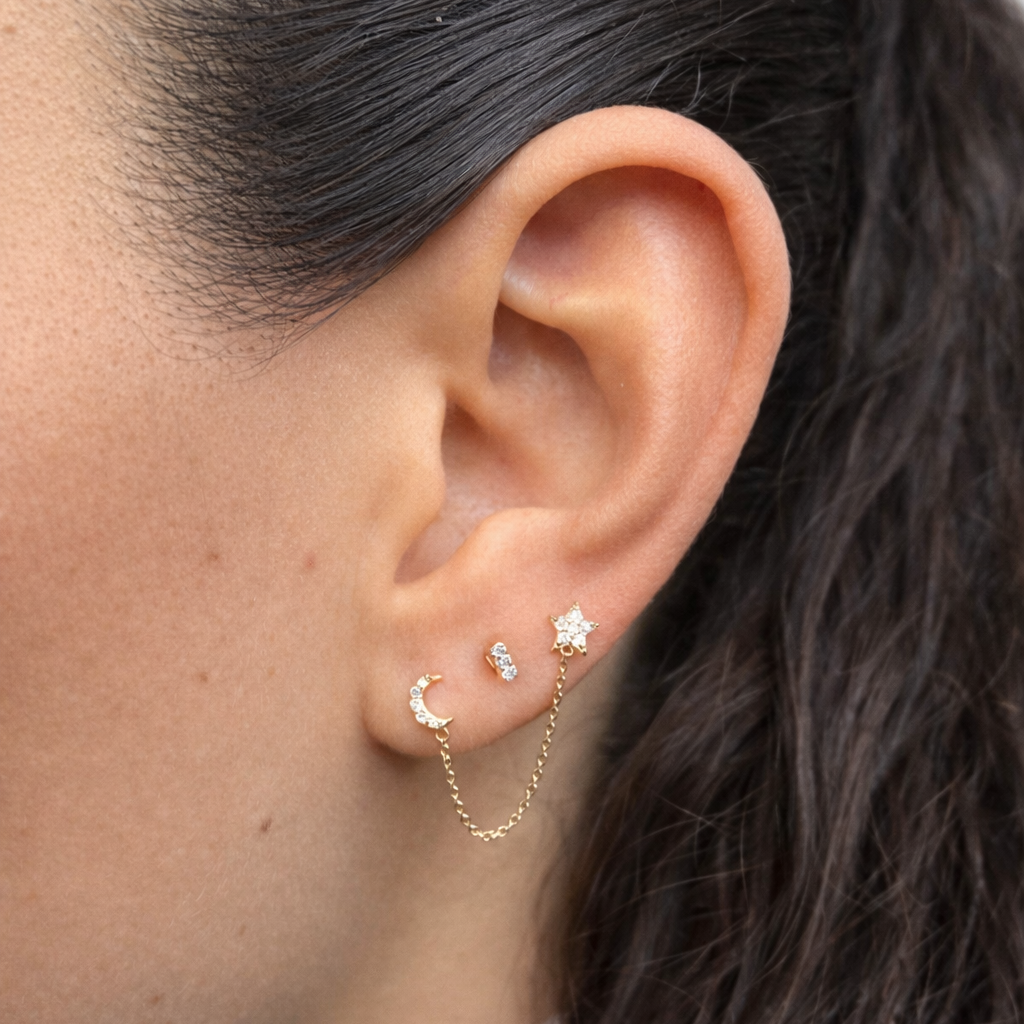 Moon & Star – Piercing Cadena de Oro 14k con Diamantes