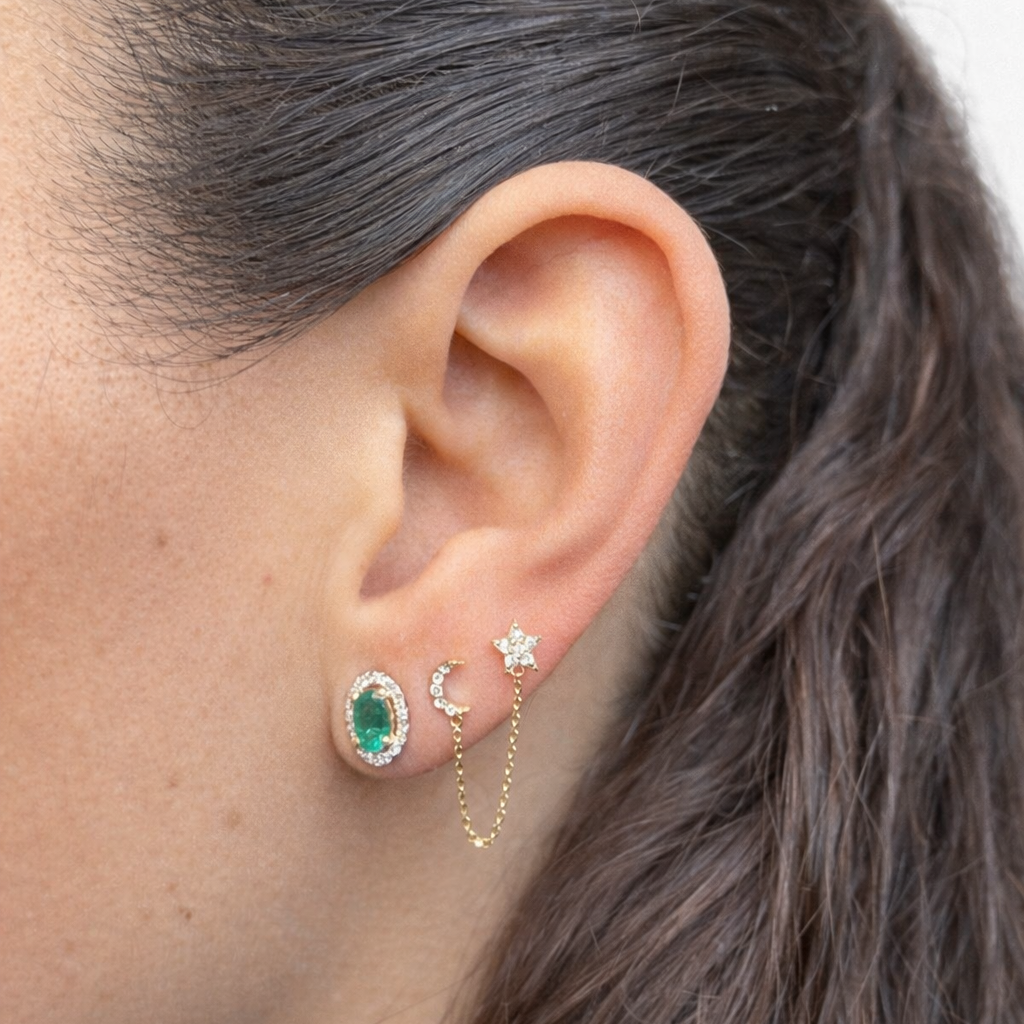 Moon & Star – Piercing Cadena de Oro 14k con Diamantes