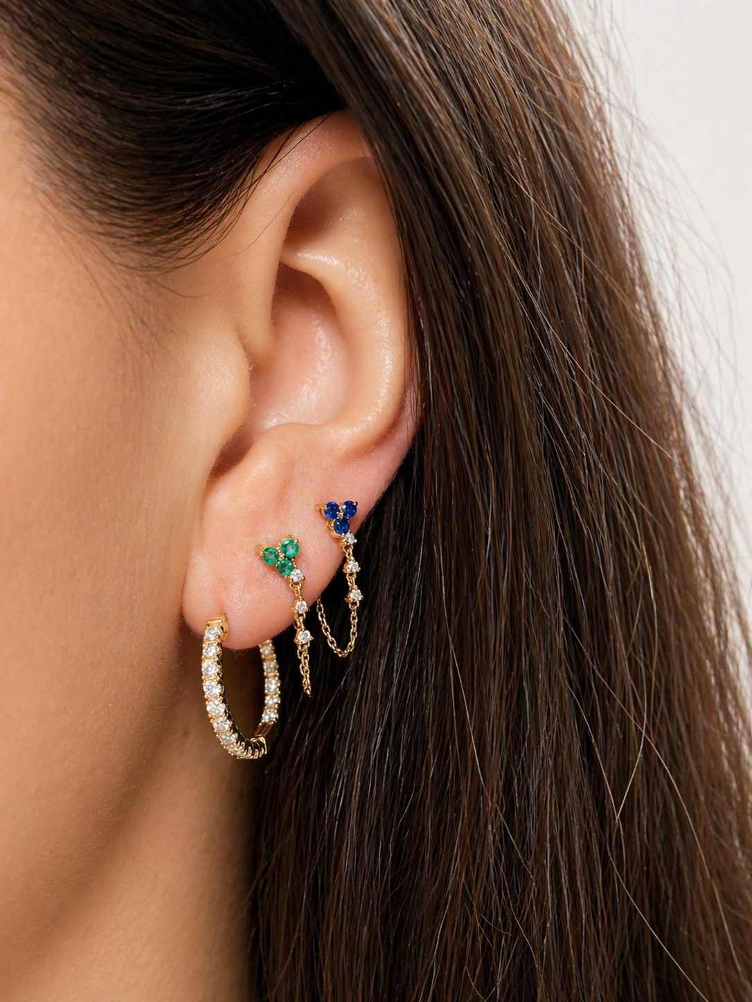 Trio Piercing en Oro 14k con Diamantes y Piedras de Color